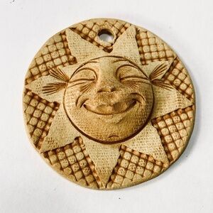 Handmade Decorative Smiling Sun Face Terracotta or Clay Ornament Signed D Wolf ?